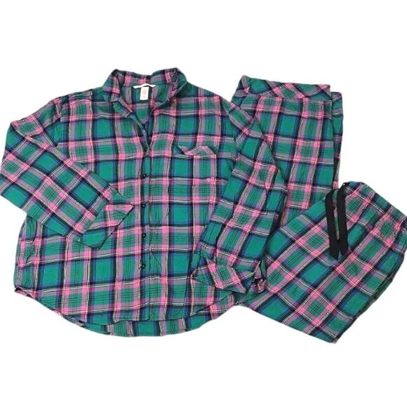 Victoria's Secret Green Pink Plaid Long Sleeve Wide Leg Pajama Pants Set Large - Picture 2 of 16
